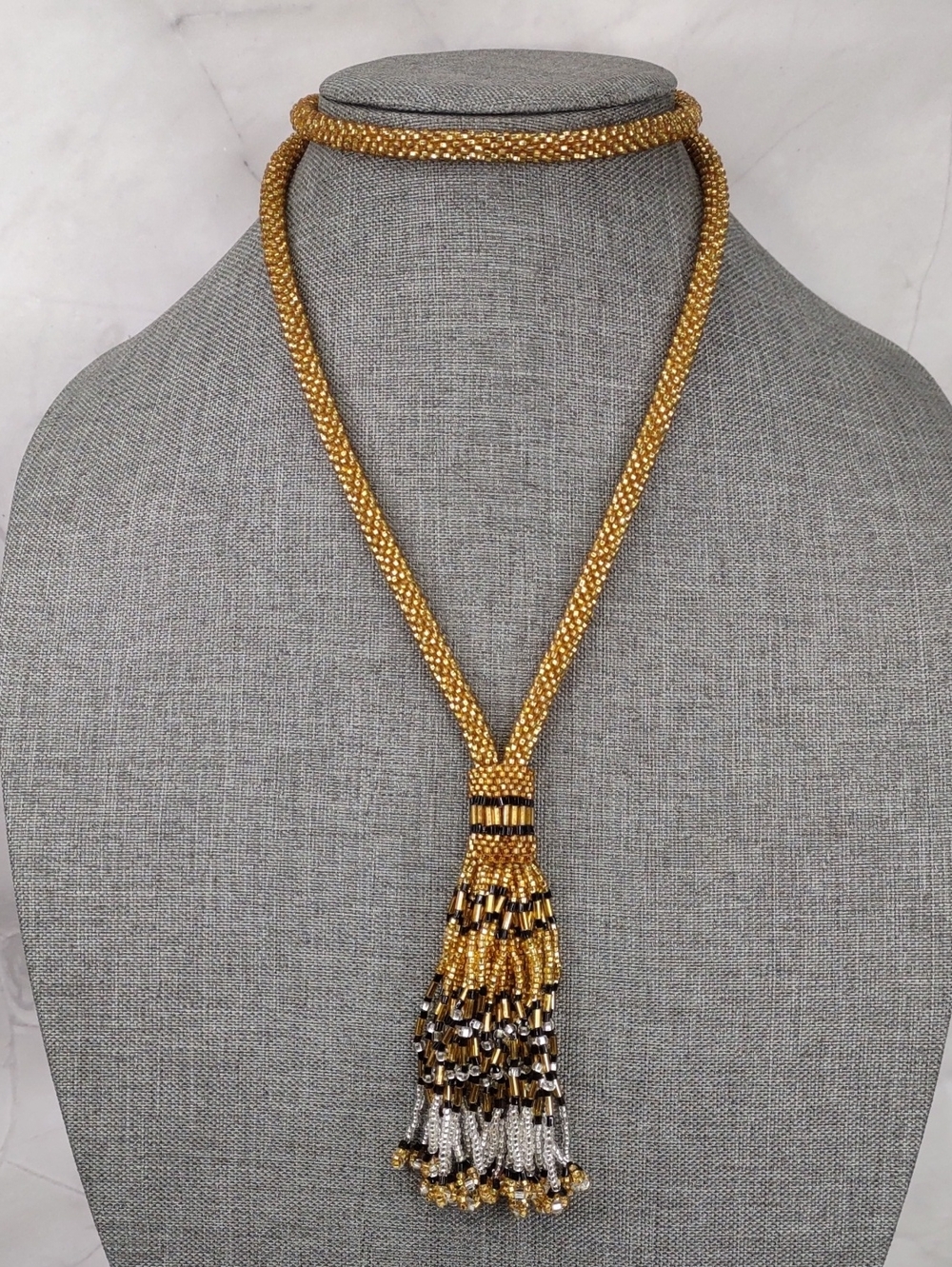 Gold Beaded Tassel Lariat Necklace